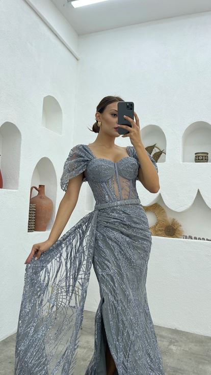 Gri Simli Tül Uzun Abiye Elbise