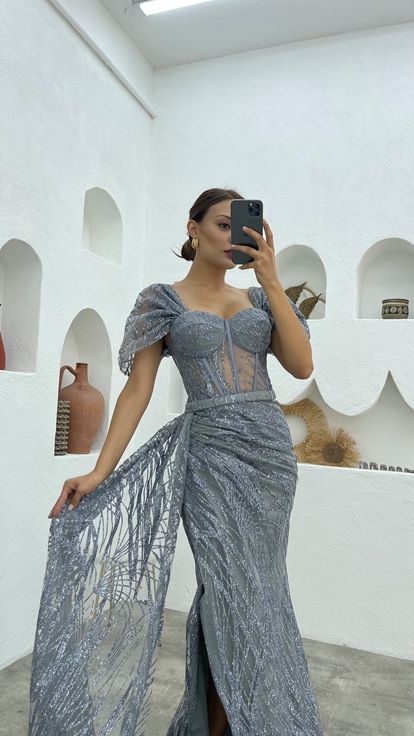 Gri Simli Tül Uzun Abiye Elbise