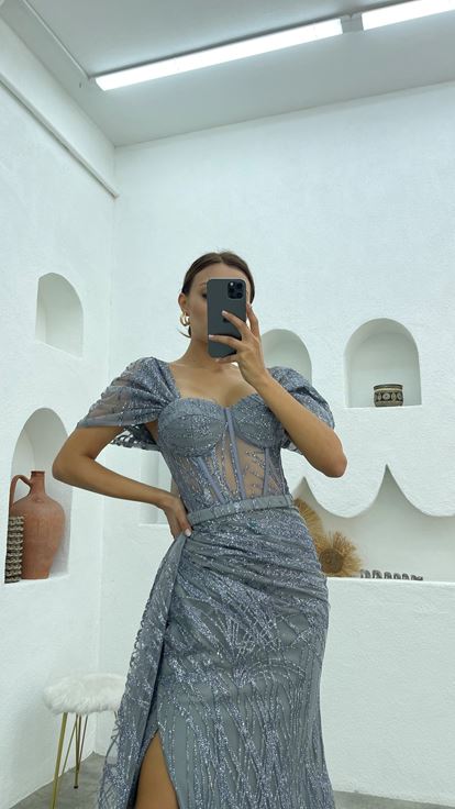 Gri Simli Tül Uzun Abiye Elbise