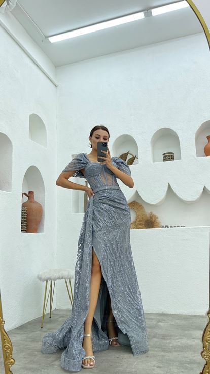 Gri Simli Tül Uzun Abiye Elbise