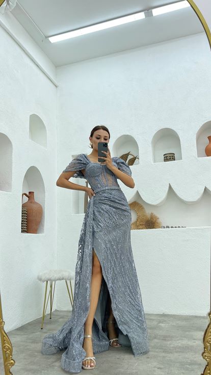 Gri Simli Tül Uzun Abiye Elbise