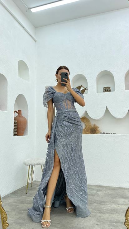 Gri Simli Tül Uzun Abiye Elbise