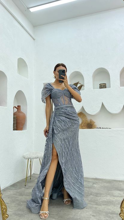 Gri Simli Tül Uzun Abiye Elbise