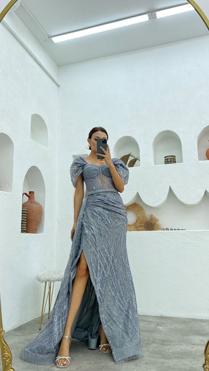 Gri Simli Tül Uzun Abiye Elbise