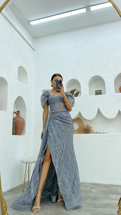 Gri Simli Tül Uzun Abiye Elbise