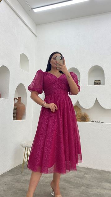 Fuchsia Buttoned Balloon Sleeve Glittery Plus Size Evening Dress