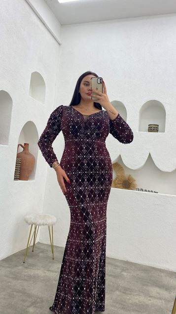 Burgundy Embroidered Patterned Plus Size Evening Dress