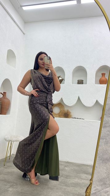 Khaki Flounced Glitter Plus Size Robe de soirée