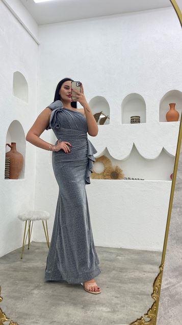 Gray One-Shoulder Volan Detail Pleated Glittery Evening Dress