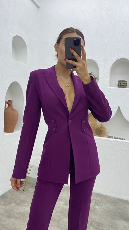 Mor Yandan Düğme Detay Ceket Pantolon Takım