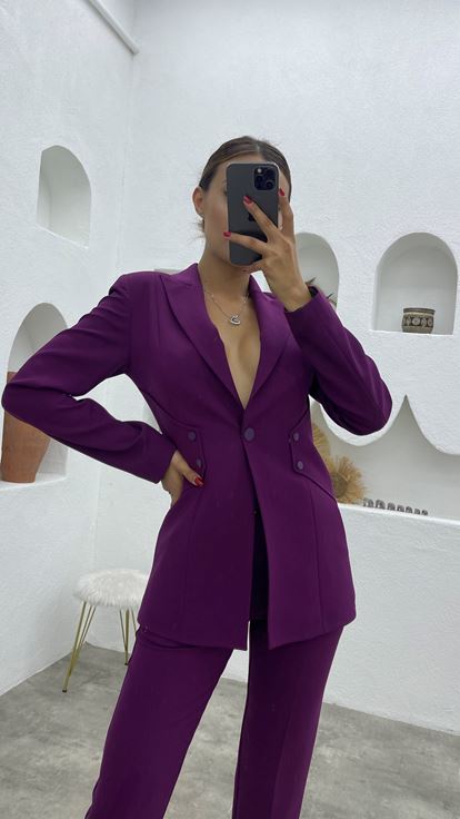 Mor Yandan Düğme Detay Ceket Pantolon Takım