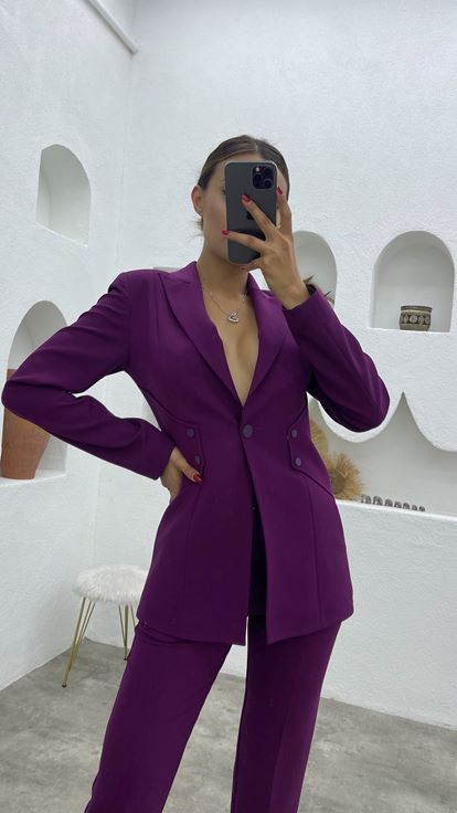 Mor Yandan Düğme Detay Ceket Pantolon Takım