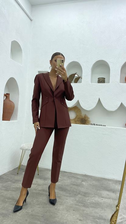 Bordo Broş Detay Ceket Pantolon Takım