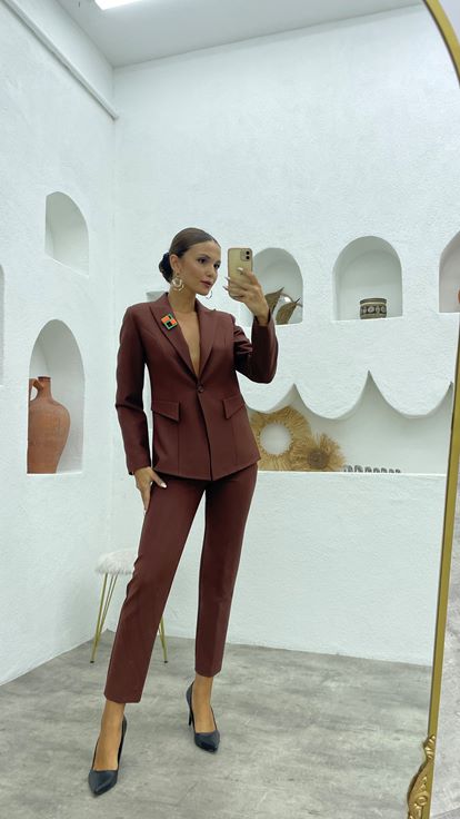 Bordo Broş Detay Ceket Pantolon Takım