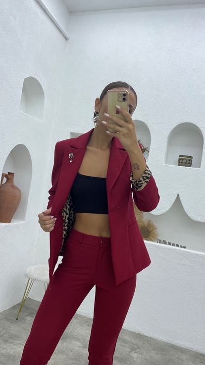 Bordo Tek Düğme Broş Detay Ceket Pantolon Takım