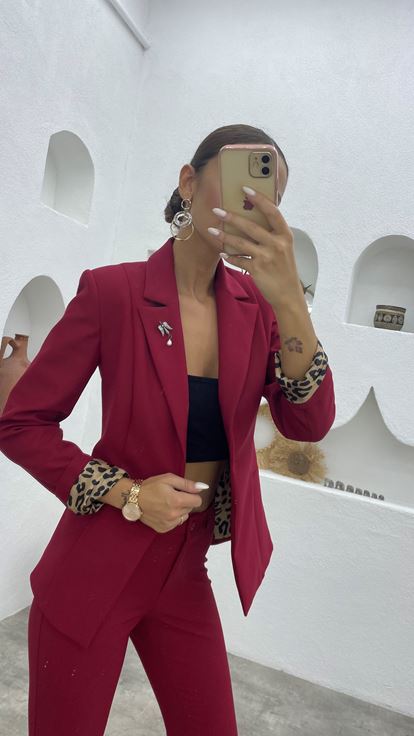 Bordo Tek Düğme Broş Detay Ceket Pantolon Takım