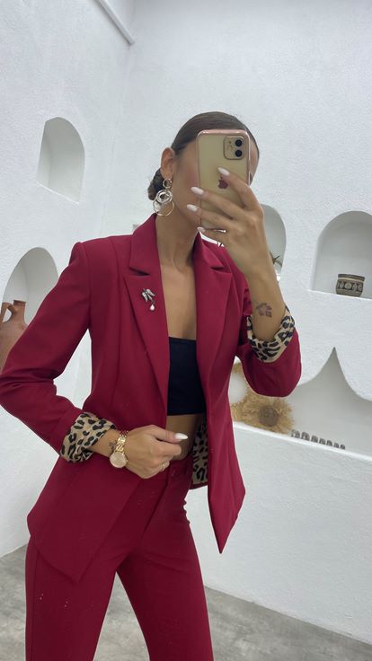 Bordo Tek Düğme Broş Detay Ceket Pantolon Takım