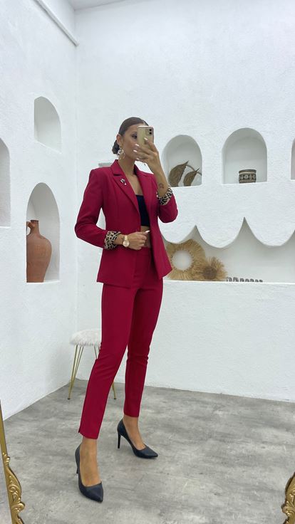 Bordo Tek Düğme Broş Detay Ceket Pantolon Takım