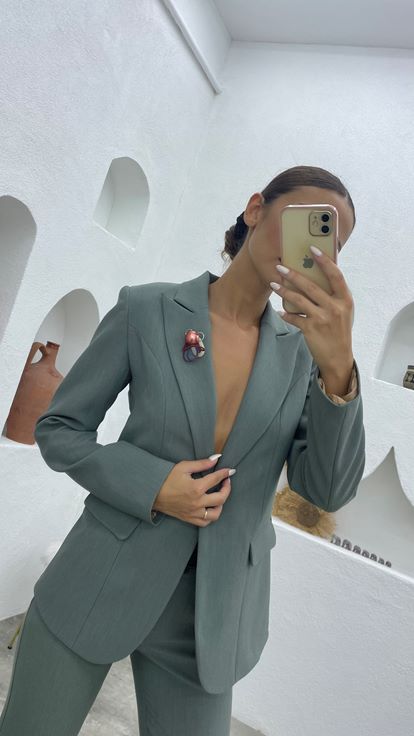 Mint Yeşili Broş Detay Klasik Ceket Pantolon Takım