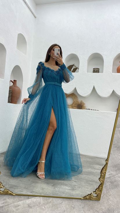Turquoise Transparent Detail Floral Pattern Belted Tulle Evening Dress