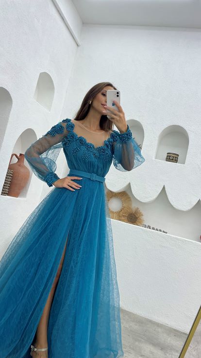 Turquoise Transparent Detail Floral Pattern Belted Tulle Evening Dress