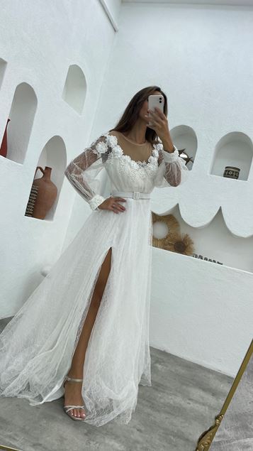 White Transparent Detail Floral Pattern Belted Tulle Evening Dress