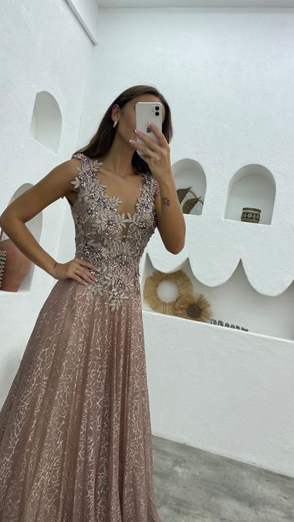 Beige Guipure Detail Glittered Tulle Evening Dress