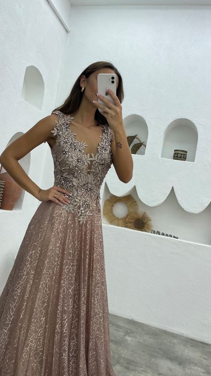 Beige Guipure Detail Glittered Tulle Evening Dress