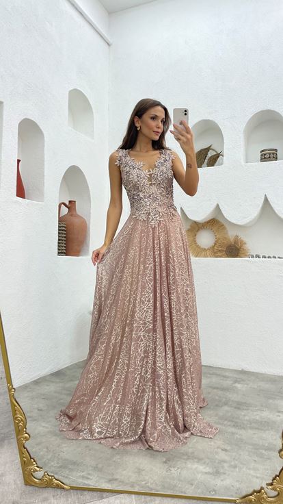 Beige Guipure Detail Glittered Tulle Evening Dress