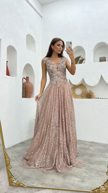 Beige Guipure Detail Glittered Tulle Evening Dress