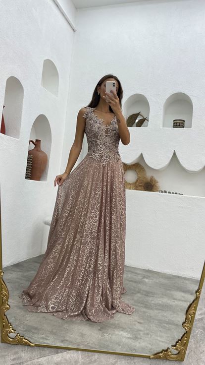 Beige Guipure Detail Glittered Tulle Evening Dress