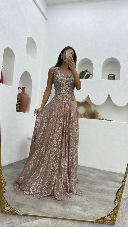 Beige Guipure Detail Glittered Tulle Evening Dress