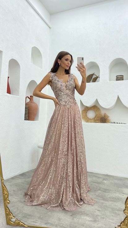 Beige Guipure Detail Glittered Tulle Evening Dress