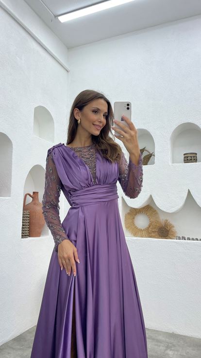 Lilac Draped Satin Evening Dress with Embroidered Sleeves and Bust