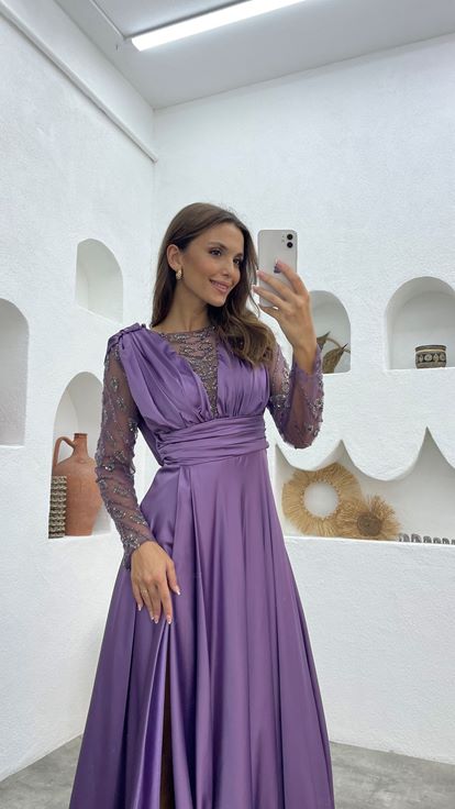 Lilac Draped Satin Evening Dress with Embroidered Sleeves and Bust