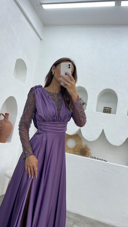 Lilac Draped Satin Evening Dress with Embroidered Sleeves and Bust