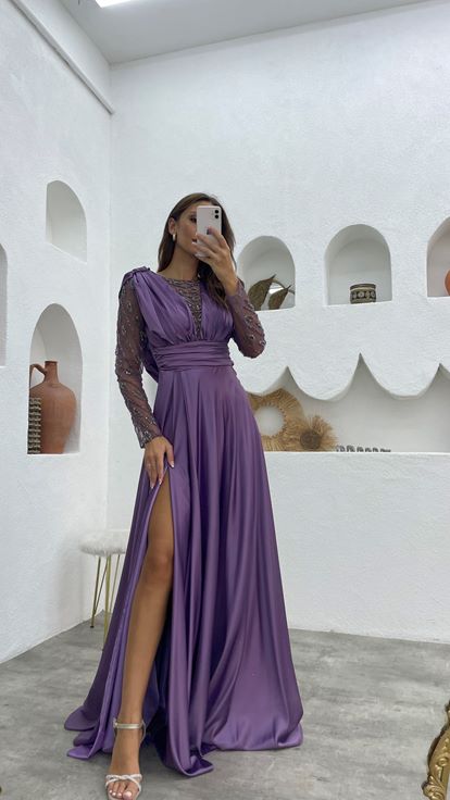 Lilac Draped Satin Evening Dress with Embroidered Sleeves and Bust