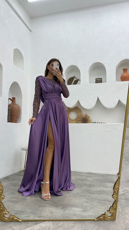 Lilac Draped Satin Evening Dress with Embroidered Sleeves and Bust