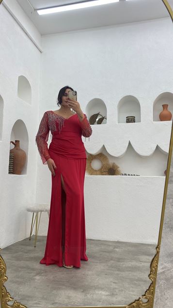Red Embroidered Detailed Draped Plus Size Evening Dress