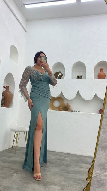 Mint Green Embroidered Detailed Draped Plus Size Evening Dress