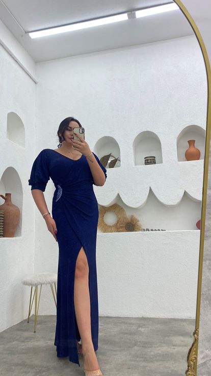 Lacivert Büzgülü Balon Kol Simli Büyük Beden Abiye Elbise