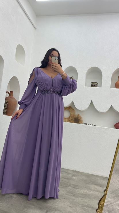 Lilac Shoulders And Waist Motif Chiffon Plus Size Evening Dress