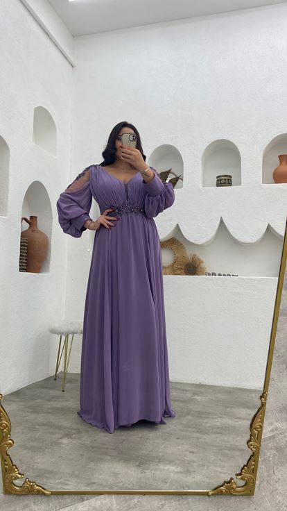 Lilac Shoulders And Waist Motif Chiffon Plus Size Evening Dress