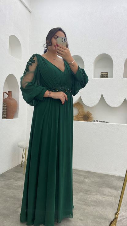 الكتفين الزمرد والخصر عزر الشيفون زائد الحجم مساء اللباس