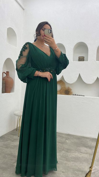 الكتفين الزمرد والخصر عزر الشيفون زائد الحجم مساء اللباس