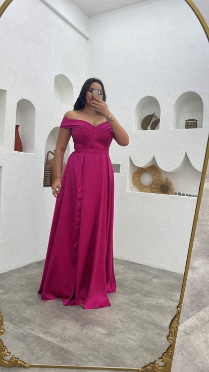 Fuchsia Belt Detail Satin Plus Size Evening Dress