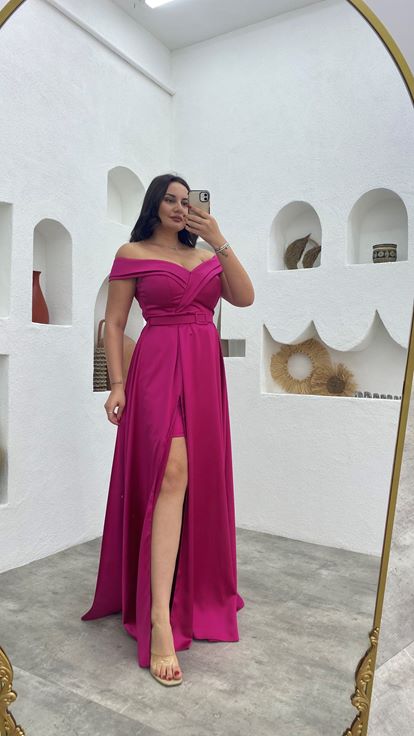 Fuchsia Belt Detail Satin Plus Size Evening Dress