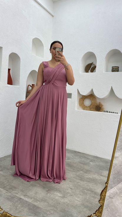 Dried Rose Cross Strap Pleat Detail Satin Plus Size Evening Dress