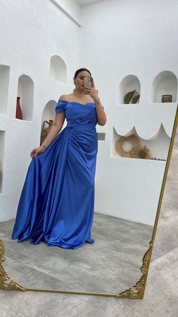 Indigo Balloon Sleeve Drape Detail Satin Plus Size Evening Dress