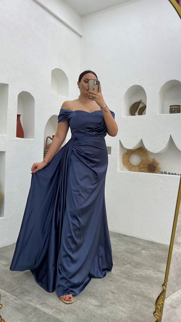 Anthracite Balloon Sleeve Drape Detail Satin Plus Size Evening Dress